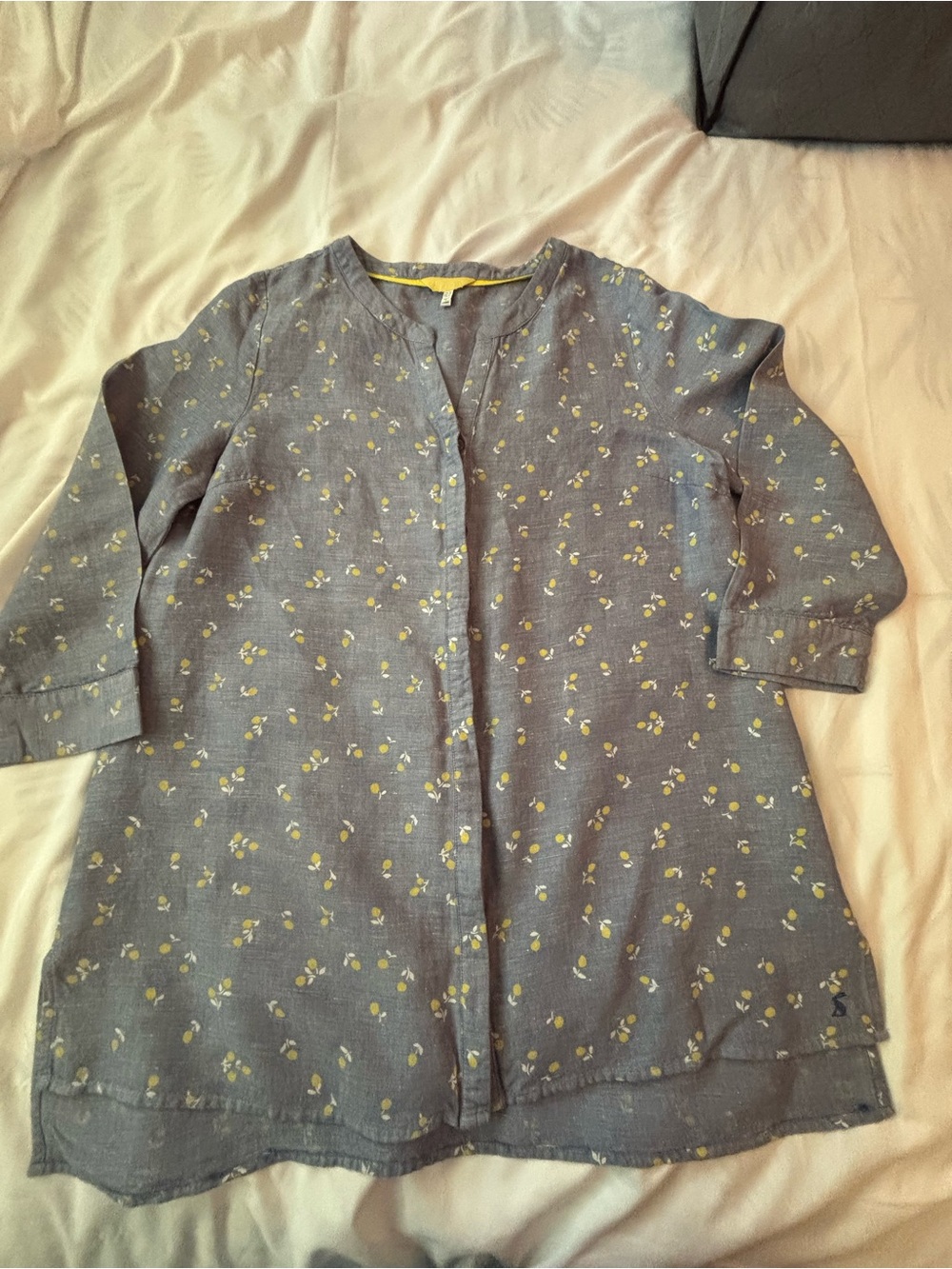 Joules Blue Floral Lemon Linen Woven V-Neck 3/4 Sleeve Tunic Coastal Women’s 8